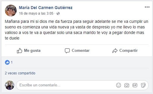 Publicación en su perfil de facebook.