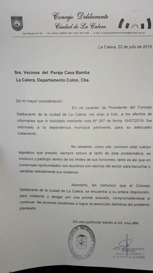 Comunicado Concejo Deliberante de La Calera