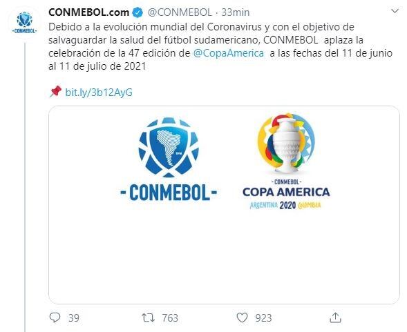 Comunicado de Conmebol. (Twitter)