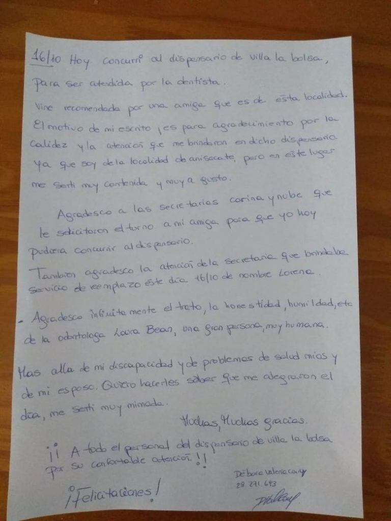 Carta por la atención en el dispensario de Villa La Bolsa