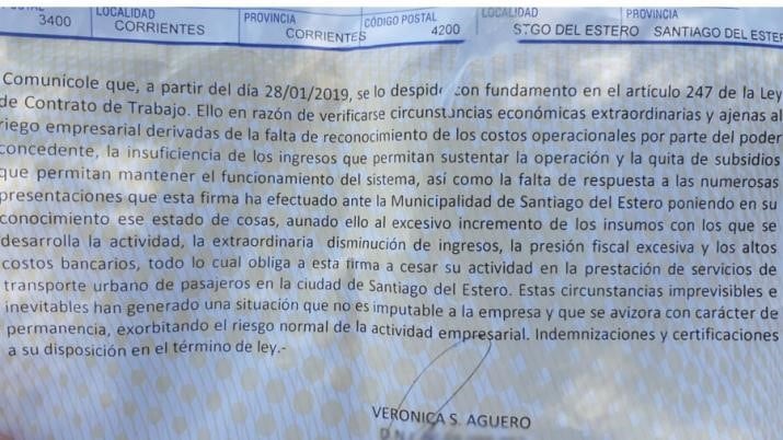 Ésta fue la carta documento que recibieron los choferes de la empresa.