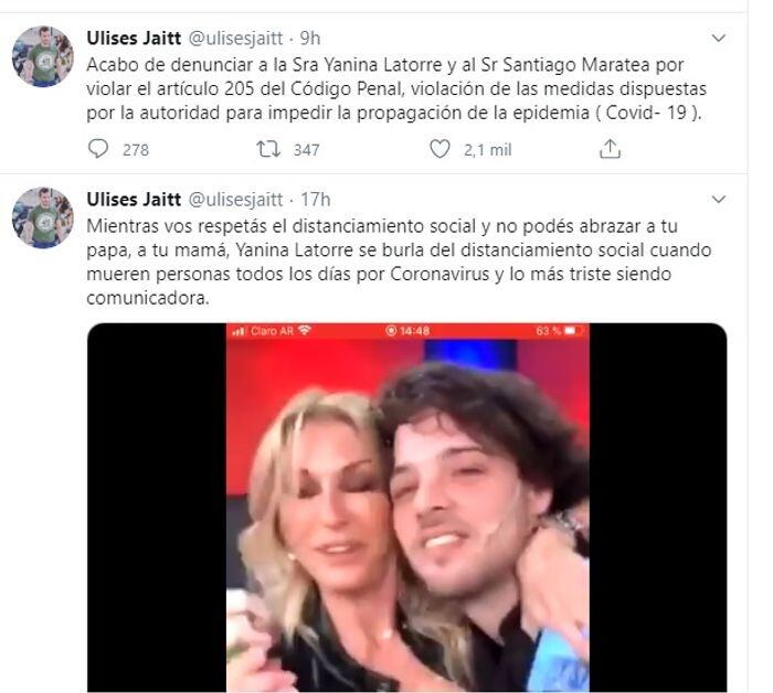 Los tweets que hizo Ulises contra la panelista y el influencer. (Twitter/@ulisesjaitt)