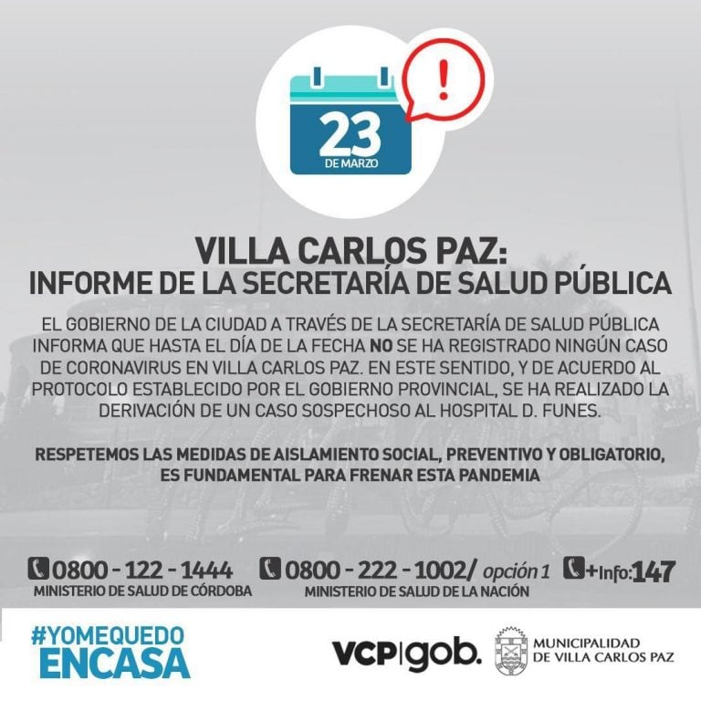 Informe diario de la situación sanitaria en Carlos Paz.