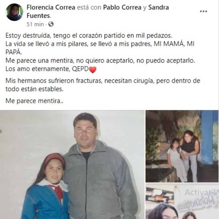 El posteo de Facebook de una de las hijas del matrimonio que falleció a causa del accidente vial.