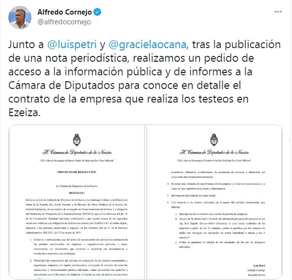 El pedido de explicaciones de Alfredo Cornejo. (Foto: Captura)