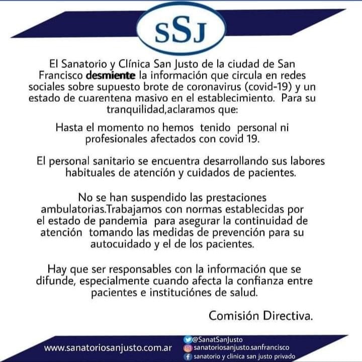 Comunicado Sanatorio San Justo San Francisco