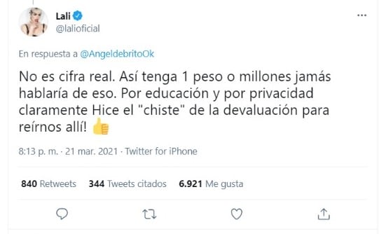 "No es cifra real", indicó Lali sobre sus dichos.