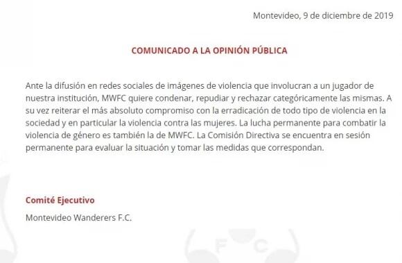 El comunicado del Montevideo Wonders tras viralizarse el video que muestra a uno de sus mediocampistas ejerciendo violencia de género sobre su pareja (Foto: Twitter)