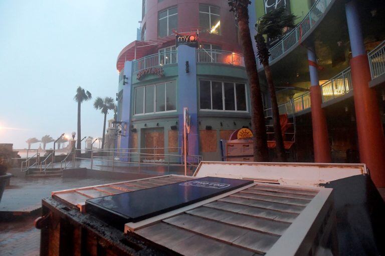 A photo booth sits on its side as the eye of Hurricane Matthew approaches Daytona Beach, Florida, U.S. October 7, 2016.  REUTERS/Phelan Ebenhack