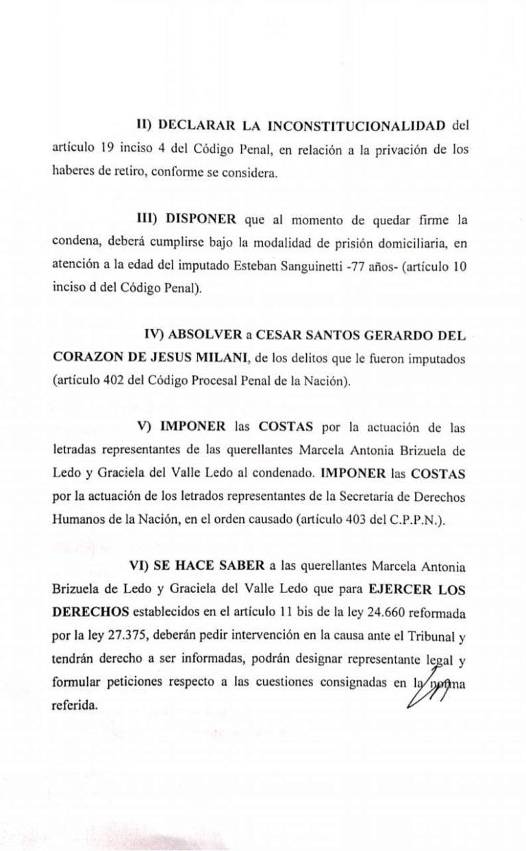 Fallo del Juicio contra César Milani y Sanguinetti.