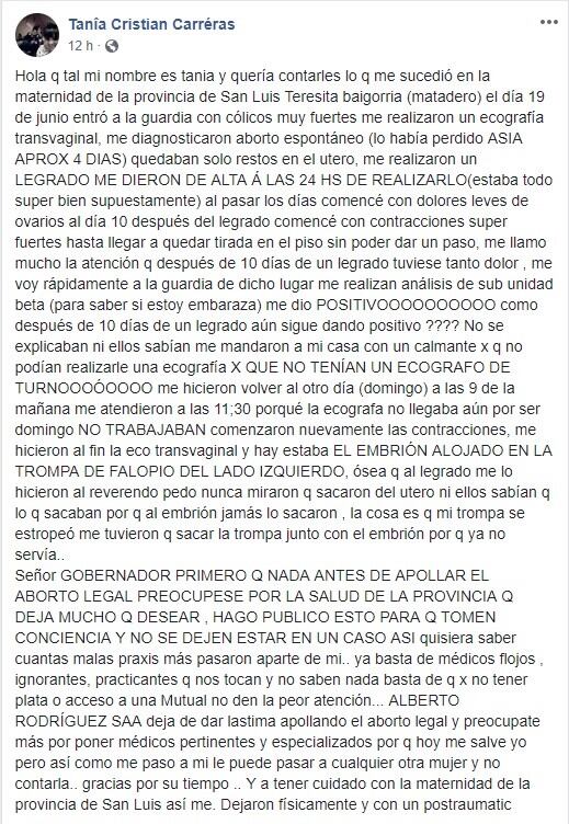 Publicación de Tania Carreras denunciando lo que vivió.