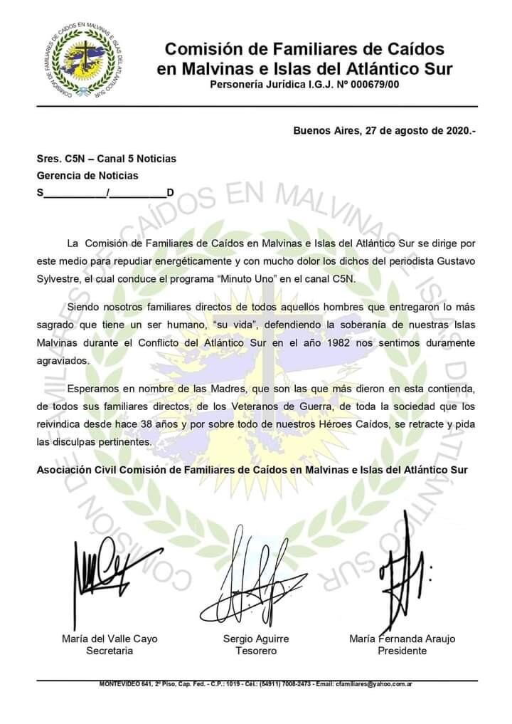 Carta de la la Comisión de Familiares de Caidos en Malvinas enviada a C5N.