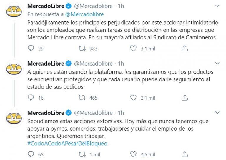 Mercado Libre denunció en sus redes que el Sindicato de Camioneros bloquea sus centros de distribución (Foto: captura Twitter)