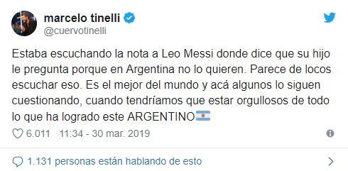 Marcelo Tinelli manifestó su apoyo a Lionel Messi (Twitter)