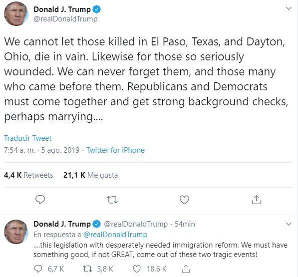 Las publicaciones de Donald Trump sobre los tiroteos de El Paso y Ohio (Foto: captura Twitter)