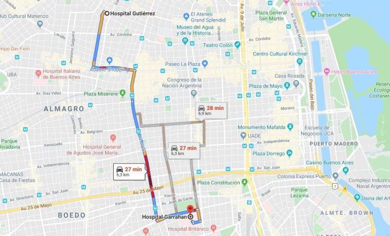 El recorrido que debe hacer la niña para hacer su tratamiento (Captura Google Maps)