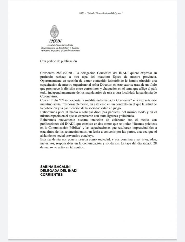 Comunicado del INADI. (Web).