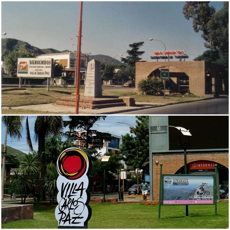 Arriba: viejo monolito sobre Av. San Martín ingresando a Carlos Paz.Abajo: así se encuentra hoy. (Foto antigua: gentileza Eldor Bertorello).