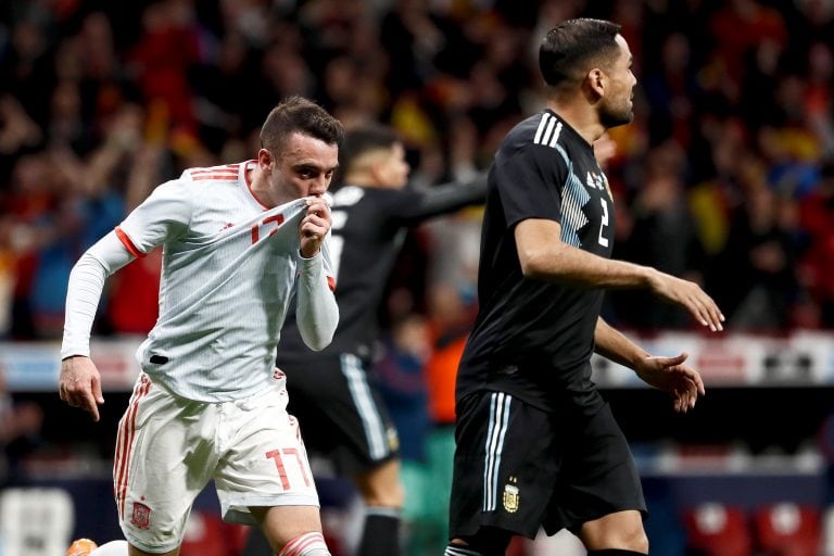 Aspas celebra tras marcar el quinto gol ante Argentina. Foto: EFE/Mariscal