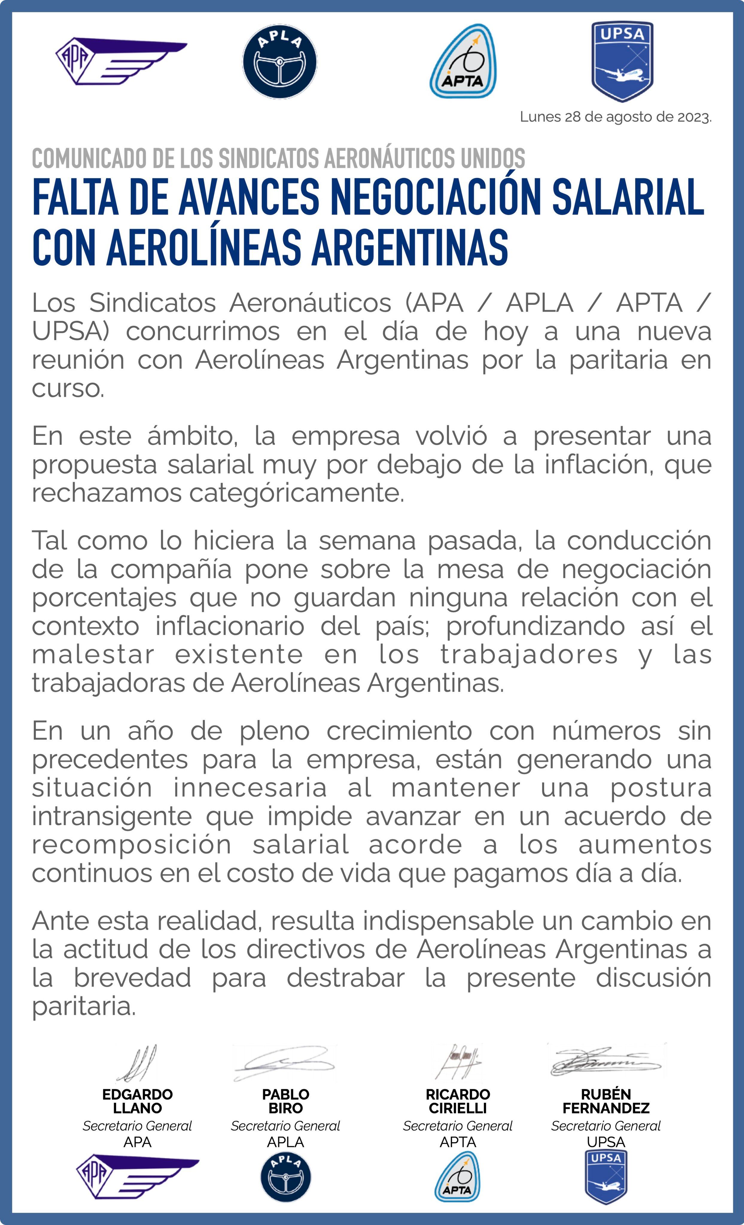 Comunicado de aeronáuticos