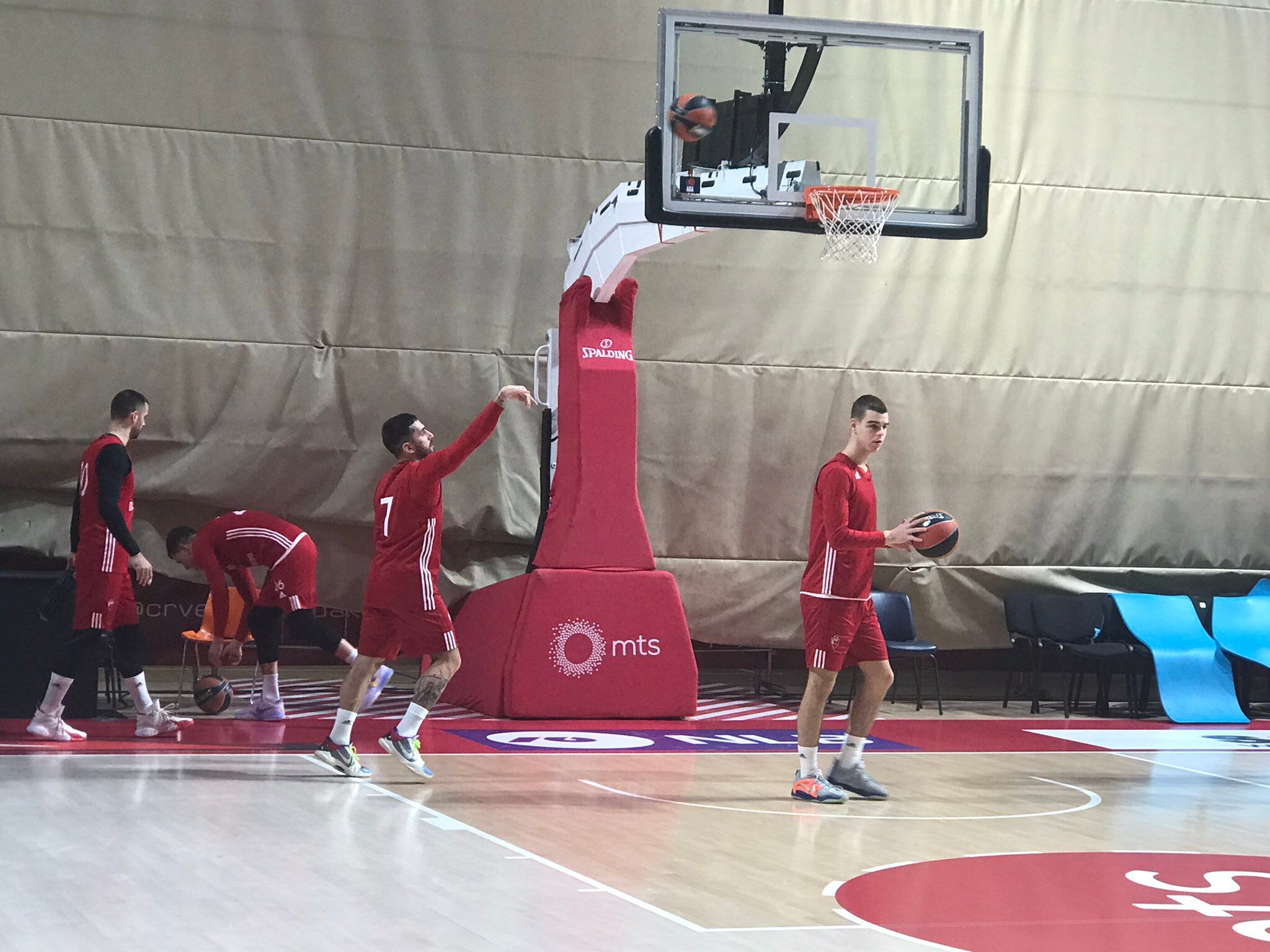 Facundo Campazzo, con la camiseta número 7, se entrena con su nuevo equipo, Estrella Roja de Serbia, para su estreno en la Euroliga. (@LjubomirovicM)