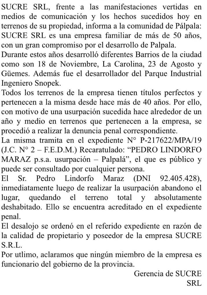 Documento entregado a los medios por los responsables de la empresa que litiga por los terrenos tomados en Palpalá.