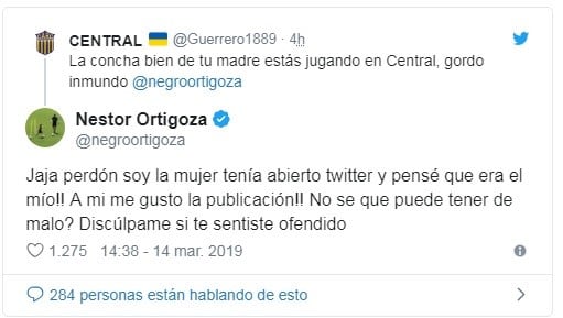 Tuit del hincha contra Ortigoza y respuesta de la esposa