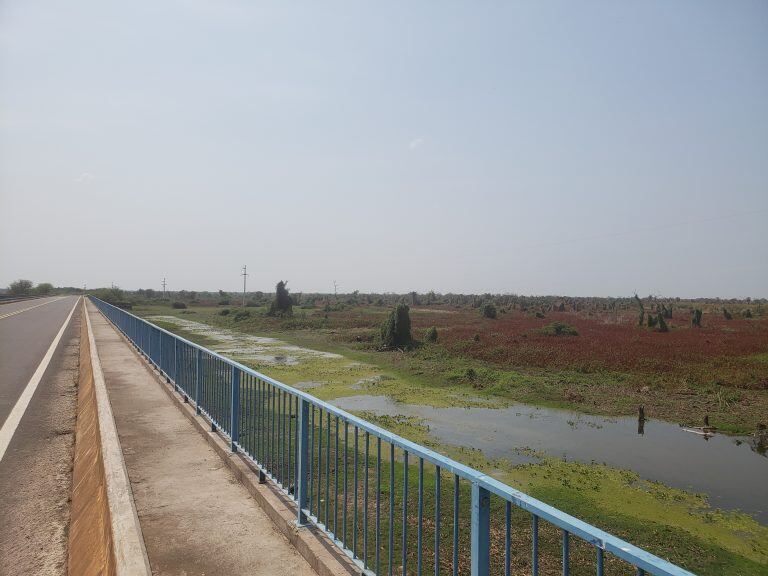 La ruta 28 atraviesa el bañado y sirve como dique de contención a las aguas