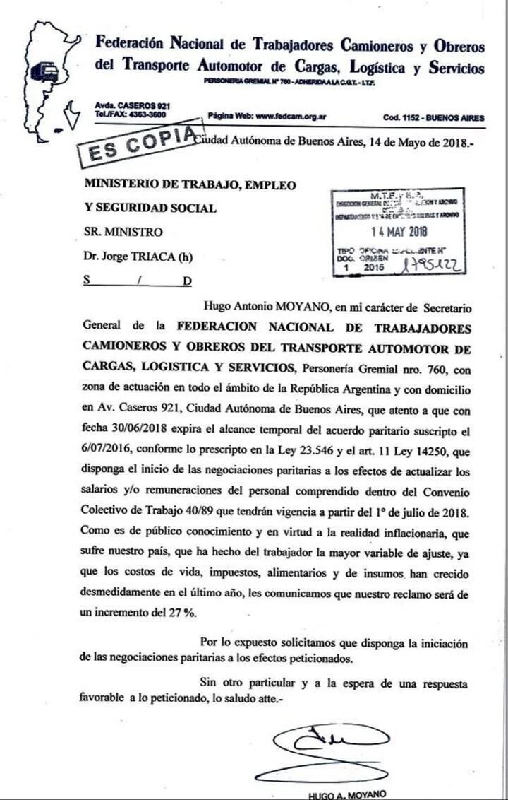 El documento enviado por Moyano.