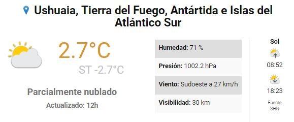 Clima Ushuaia 16 al 18 de agosto.