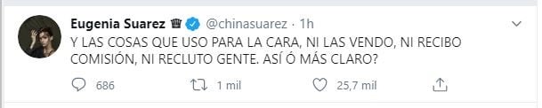 Tuit de la China Suárez ((Twitter)