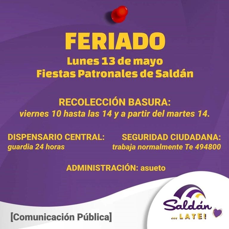 Feriado en Saldán por fiestas patronales.