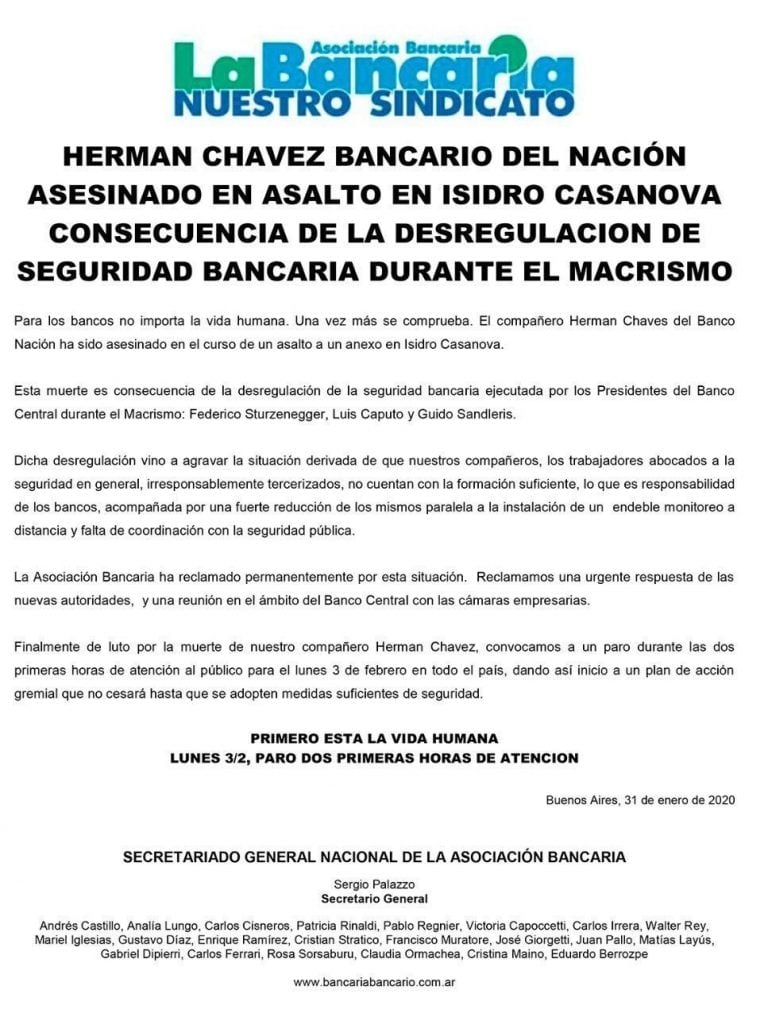 Comunicado del sindicato de bancarios.