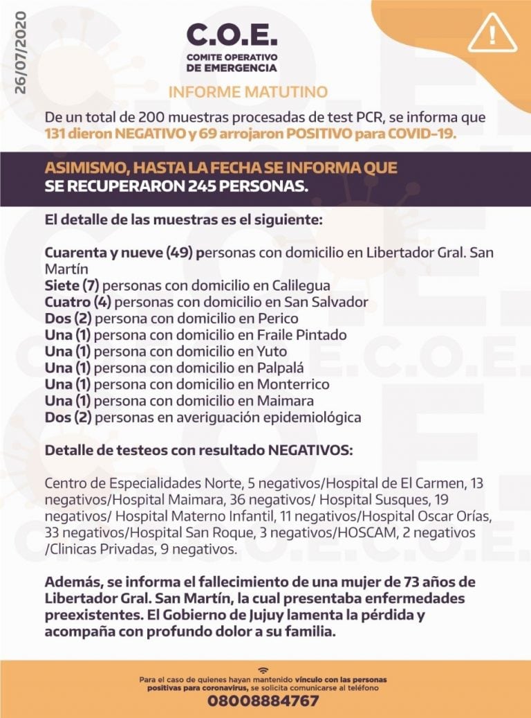 El informe de mediodía del COE Jujuy, para el domingo 26 de juluio.