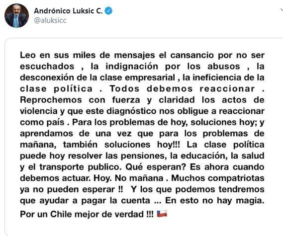 "Todos debemos reaccionar. Reprochemos con fuerza y claridad los actos de violencia", escribió Andrónico Luksic. (Twitter)