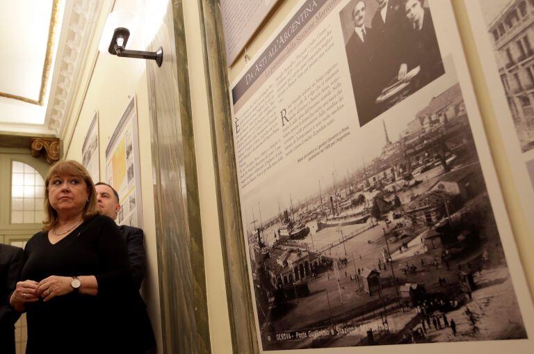 Argentine Foreign Minister Susana Malcorra attends an exhibition on the migration of Italians to Argentina, including Pope Francis' family, at the Italian-Latin American Institute, in Rome, Friday, April 21, 2017. (AP Photo/Alessandra Tarantino)