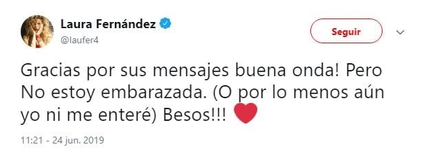 El tuit con el que Laurita Fernández desmintió estar embarazada (Twitter/ @laufer4)