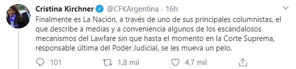 Cristina Kirchner en Twitter.