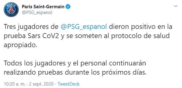 tres casos de covid-19 en el PSG. (Twitter)