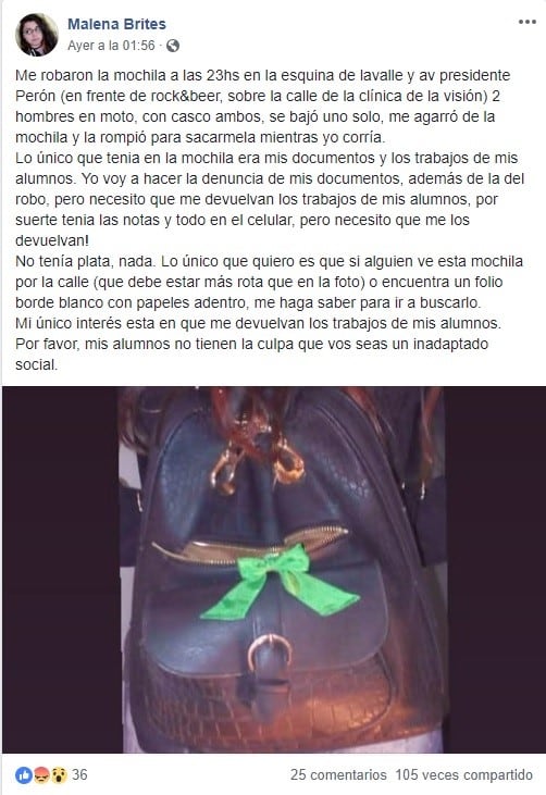 La mochila que busca la docente puntana, Malena Brites.