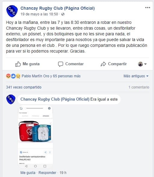 Hicieron una publicación en Facebook para que devuelvan el desfibrilador