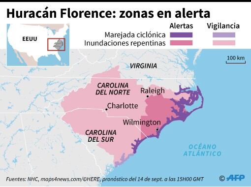 Mapa de la costa este de EEUU con las zonas en alerta por marejadas e inundaciones provocadas por el huracán Florence (AFP)