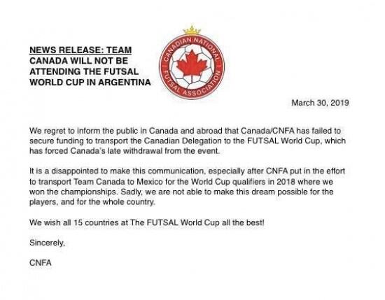 Carta de disculpas de la Selección de Canadá. (MisionesOnline)