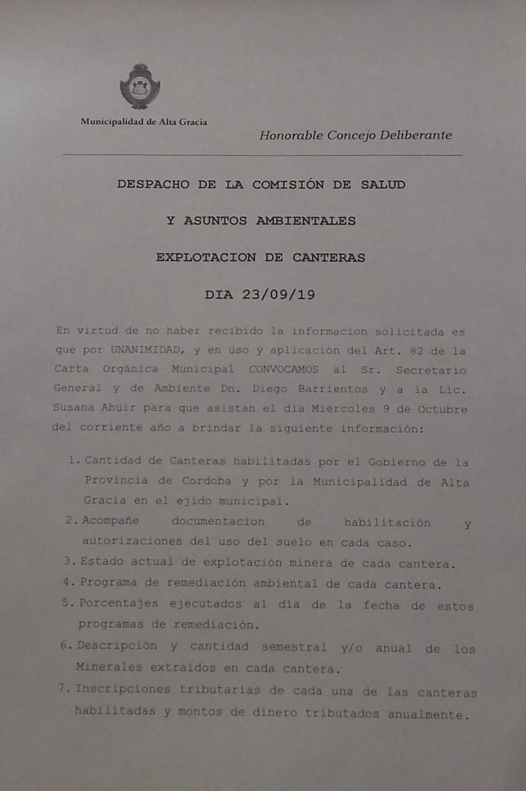 Pedido de Informe sobre la situación actual de las canteras en Alta Gracia.