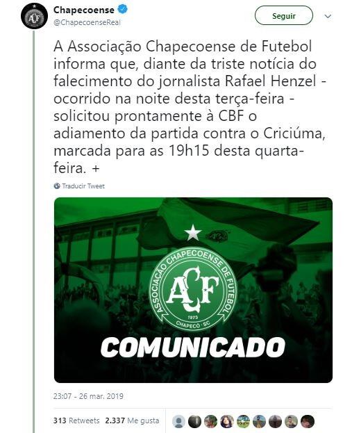 Comunicado de Chapecoense (Foto: Twitter/@ChapecoenseReal)