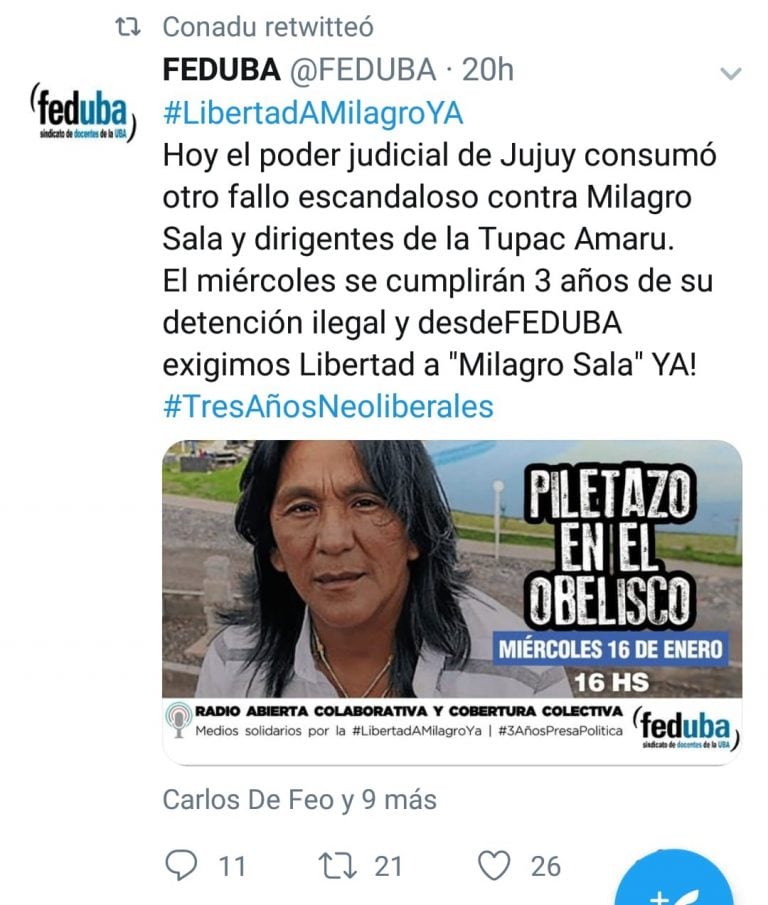 Declaraciones de FEDUBA en Twitter