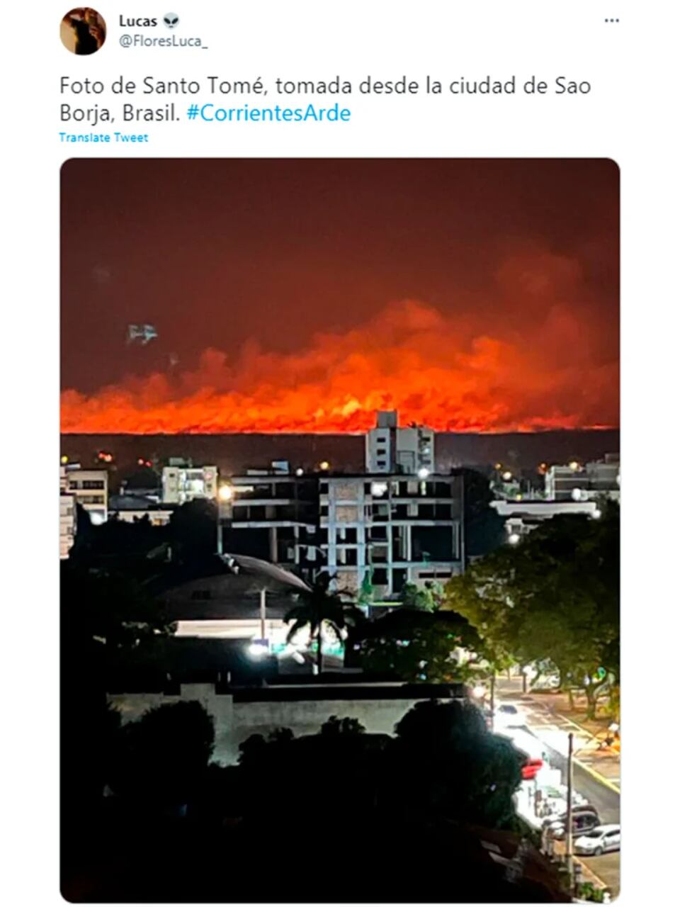 Un usuario de Twitter mostró como se ve el incendio de Corrientes desde Sao Borja, Brasil.