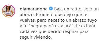 El emotivo mensaje que compartió la hija de Diego en sus redes.