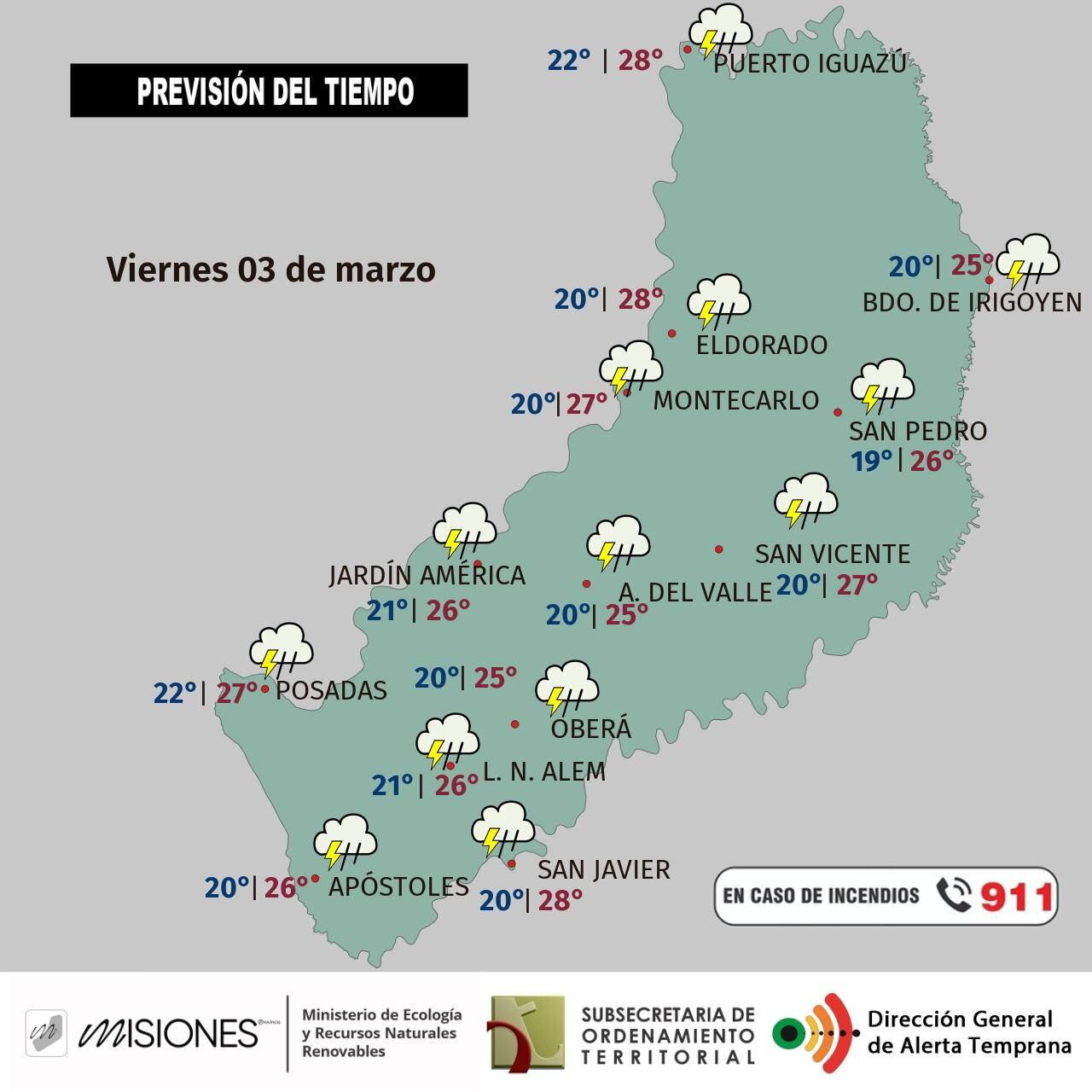 Se esperan lluvias y tormentas aisladas para este viernes en Misiones.