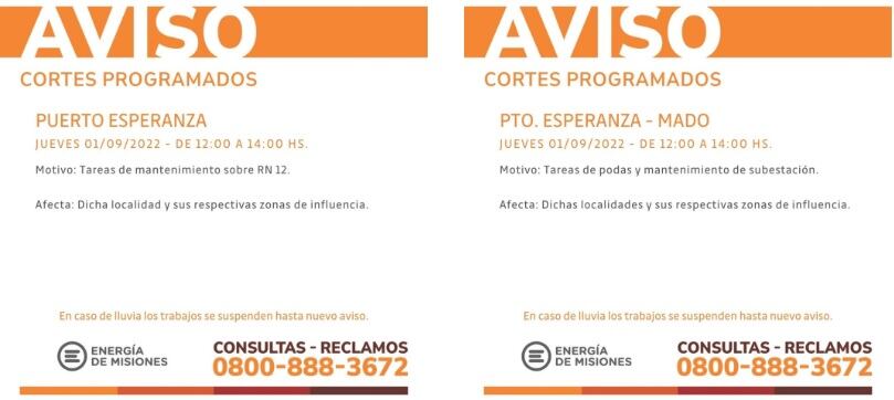 Cortes programados de energía eléctrica en varias localidades de Misiones.